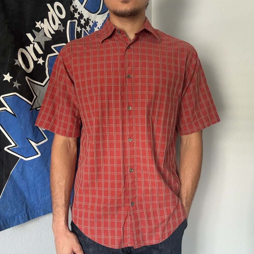 Vintage George Red Windowpane Plaid Short Sleeve Button Up Shirt 100% Cotton Men